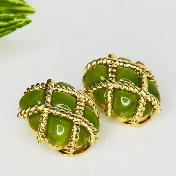 Vintage KJL Kenneth J Lane Earrings Gold Rope Quilted Green Lucite Clip On 1133 - Picture 2 of 15